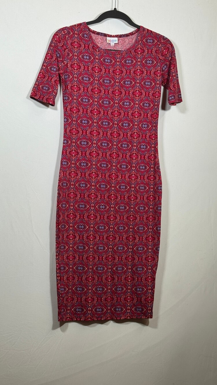 LuLaRoe XXS Dress Red Geometric Pattern Elbow Sleeve